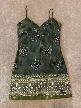 Vintage Arizona Olive Green Batik Print Spaghetti Strap Sun Dress